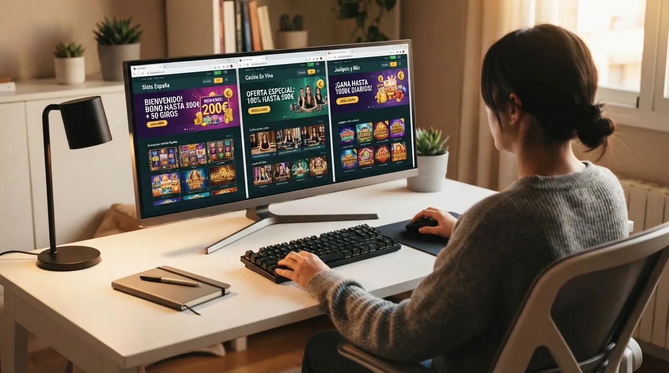 Una persona compara varias pestañas de casinos online abiertas en la pantalla de su ordenador de sobremesa.